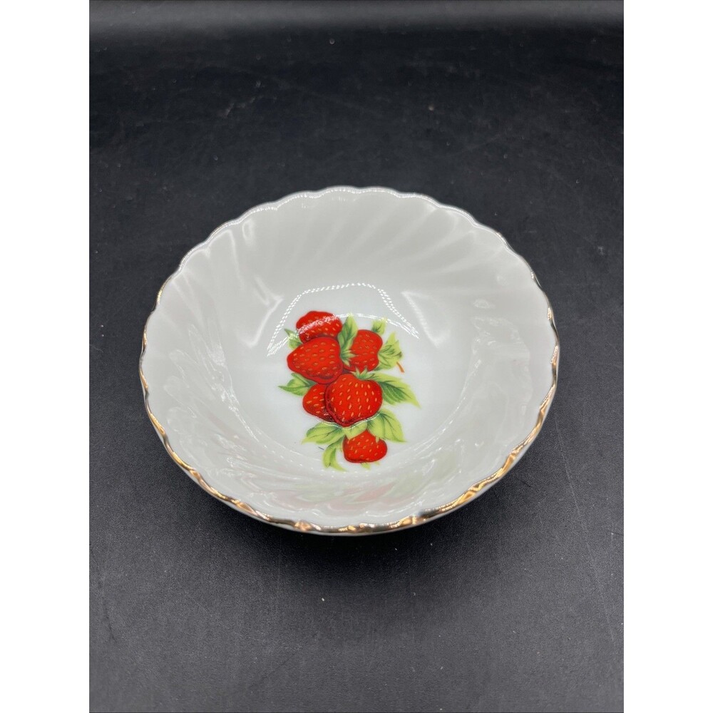 John Wagner & Sons Jam Bowl  Trinket Strawberries Porcelain Gold Trim VTG